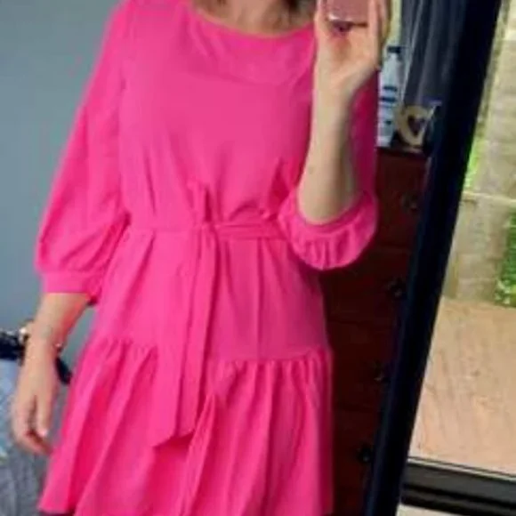 Hot Pink  Bishop Sleeve Ruffle Hem Belted Dress - Picture 9 of 12